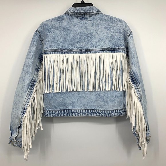 BlankNYC Jacket Nice Try Blue Denim White Fringe Button - Picture 10 of 14